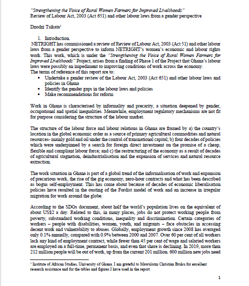 Strengthening the Voice of Rural Women Farmers for Improved Livelihoods” Review of Labour Act, 2003 (Act 651) and other labour laws from a gender perspective